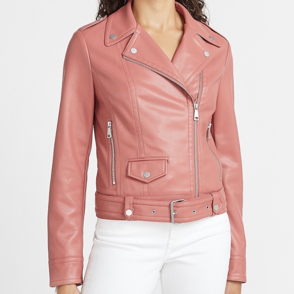 NWOT Express Vegan Leather Belted Moto Jacket Rose Pink Sz XL